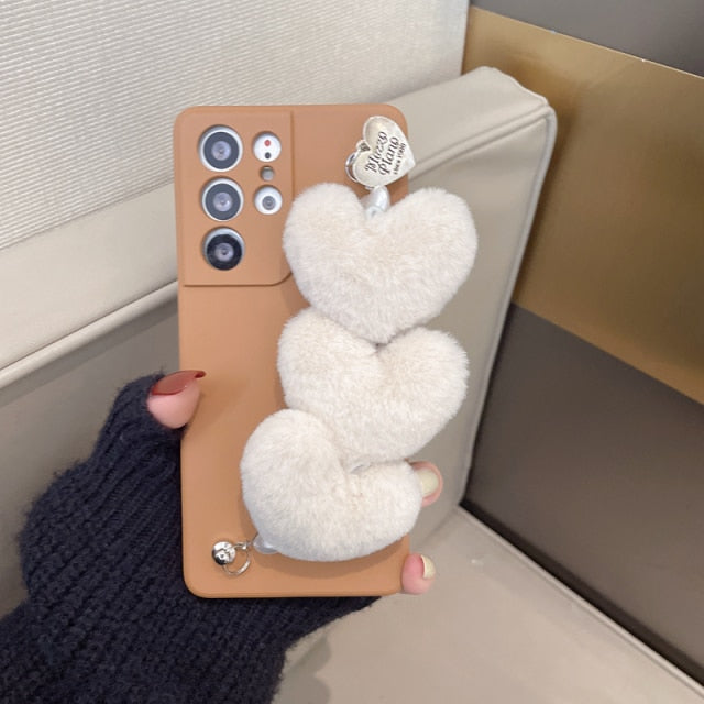 Plush Heart Samsung Case with Bracelet - CaseShoppe For Samsung S21 Ultra / Brown